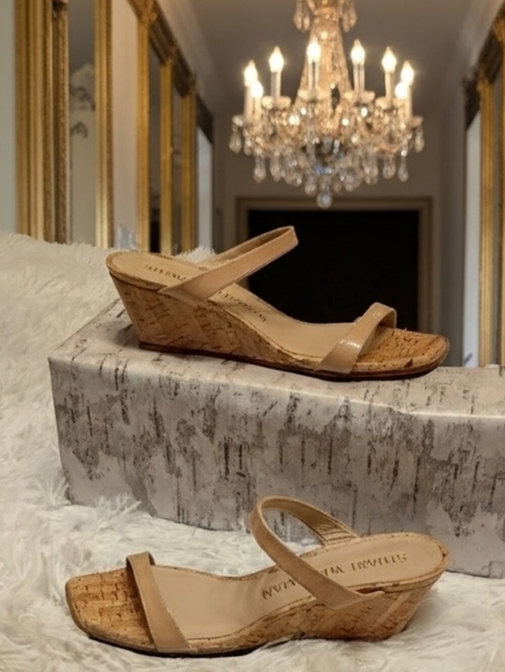 New Stuart Weitzman Aleena Nude Cork Wedge Square Toe Side Slip On Sandals 8B